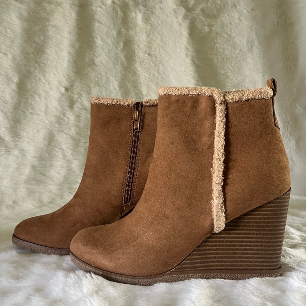 Sun + Stone Brown Suede Cozy Trim Wedge Boots